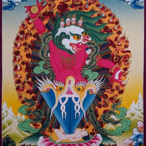 Singh Mukhi Thangka Painting Tibetan Thangka Art of Protector Deity Wrathful Mahakala on cotton canvas for spiritual practice image 1