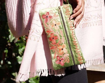 Functional bag: Handcrafted Women Velvet Wristlet Pouch with Kashmiri Embroidery  Lightweight Design Special Pouches