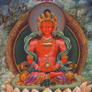Newari Amitayus Buddha Paubha | Traditional Hand-Painted Pubha Art | Buddhist Longevity Deity | Authentic Newar Thangka from Nepal