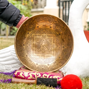 Buddha Mandala Art Singing Bowl | Handcrafted Carved Tibetan Bowl | Ideal for Meditation and Sound Healing