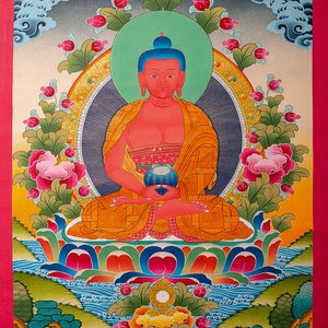 Beautiful Thangka Painting of Buddha Amitabha - Tibetan Thangka Painting for Prayer & Meditation