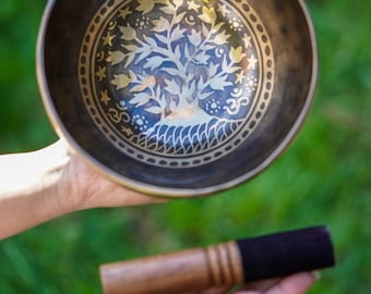 Singing Bowl with art of Tree of life | Tibetan singing bowl for Meditation and yoga | Free cushion and mallet
