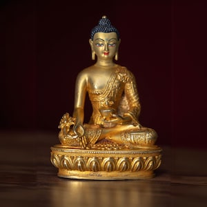 Medicine Buddha Statue for Healing | Hand crafted statue from Nepal of Bhaiṣajyaguru in Gold Glitz for Altar space