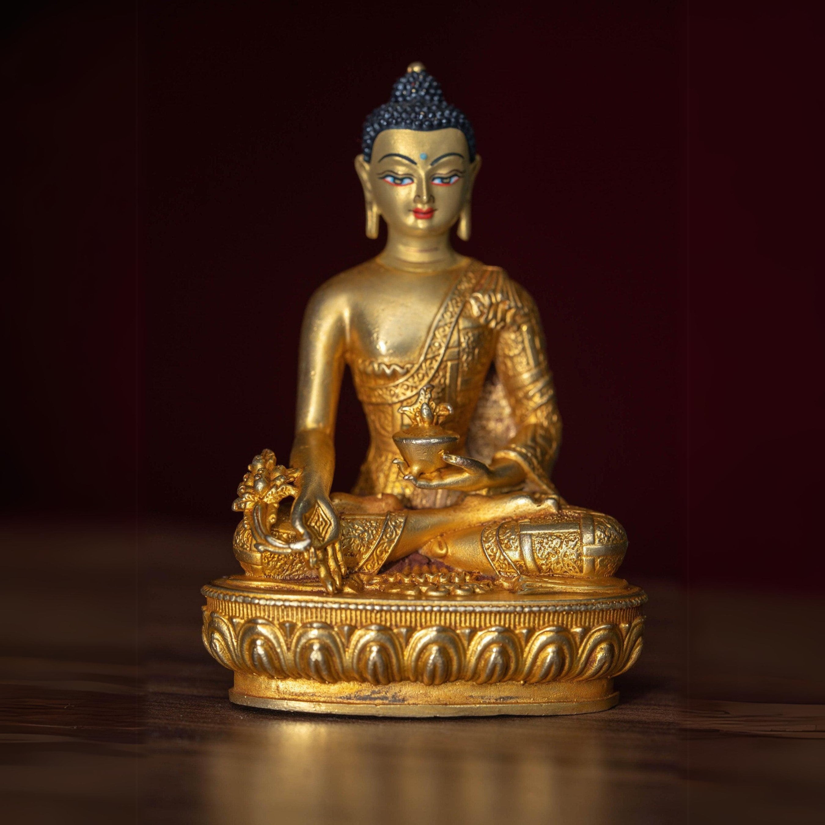 Medicine Buddha Statue For Healing | Hand Crafted Statue From Nepal Of Bhaiṣajyaguru in Gold Glitz Altar Space