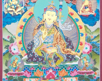 Puede incluir: Una pintura thangka budista tibetana colorida que representa una deidad en el centro rodeada de ocho figuras más pequeñas. La figura central está sentada en un trono de loto con un halo dorado y sostiene un bastón en su mano derecha. La pintura está llena de detalles intrincados y colores vibrantes, incluyendo rojo, azul, verde, dorado y blanco.