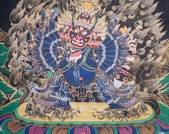 Yamantaka Thangka | Wrathful Deity Thangka | Handpainted Tibetan Scroll for Protection and Wall decor