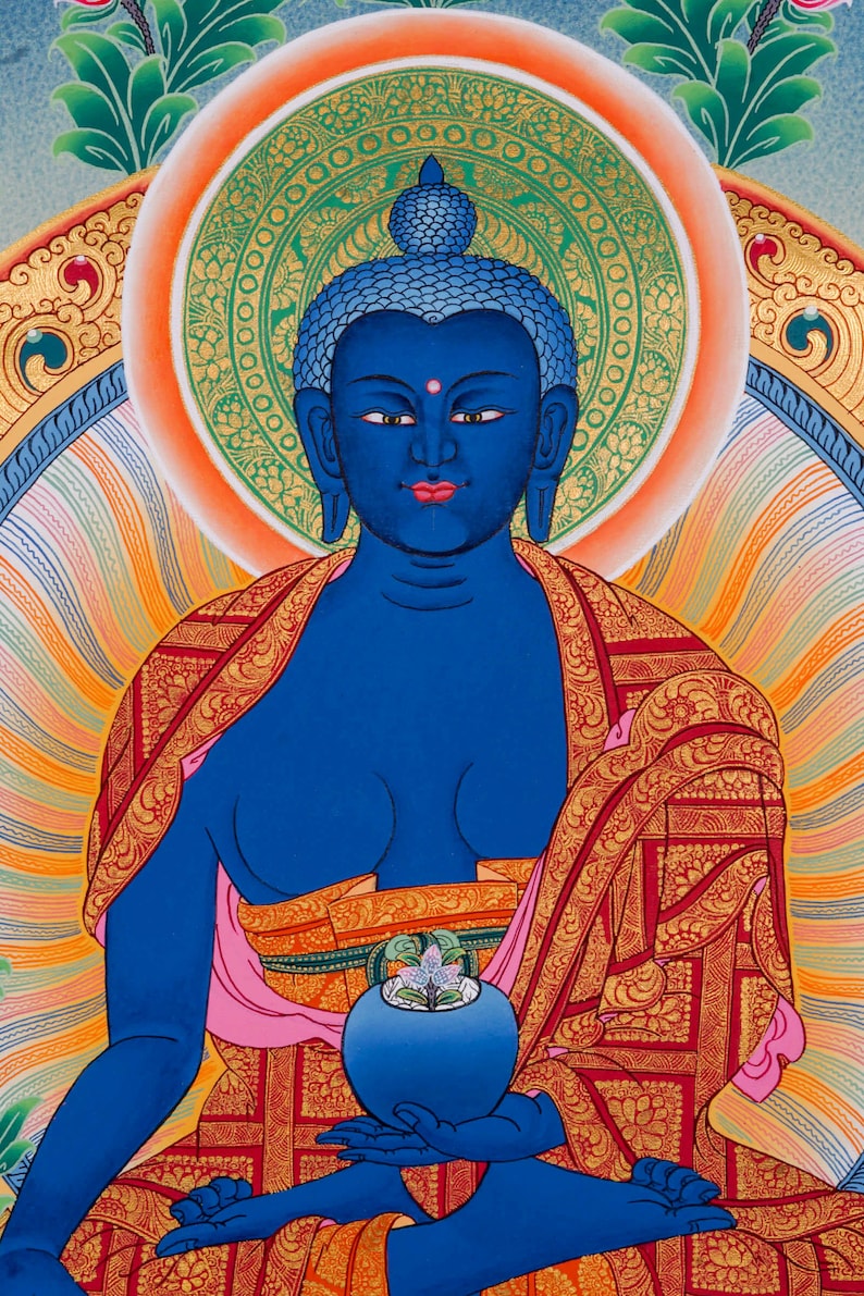 Medicine Buddha Thangka Painting Blue Healing Buddha Etsy