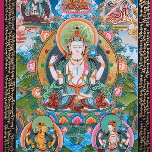 Chenrezig Tibetan  Thangka Painting for Meditation  and Buddhism practice of Compassion | Spiritual Art on Cotton Canvas for wall hanging