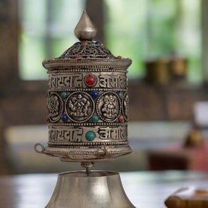 8 Auspicious Symbols & Mantra Prayer Wheel | Handcrafted Tibetan Buddhist Spinning Wheel |  Spiritual Altar Decor and Gift
