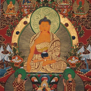 Shakyamuni Buddha with 5 Dhyani Buddhas Thangka | Handpainted Tibetan Buddhist Art | Spiritual Wall Decor | Meditation & Wisdom Art