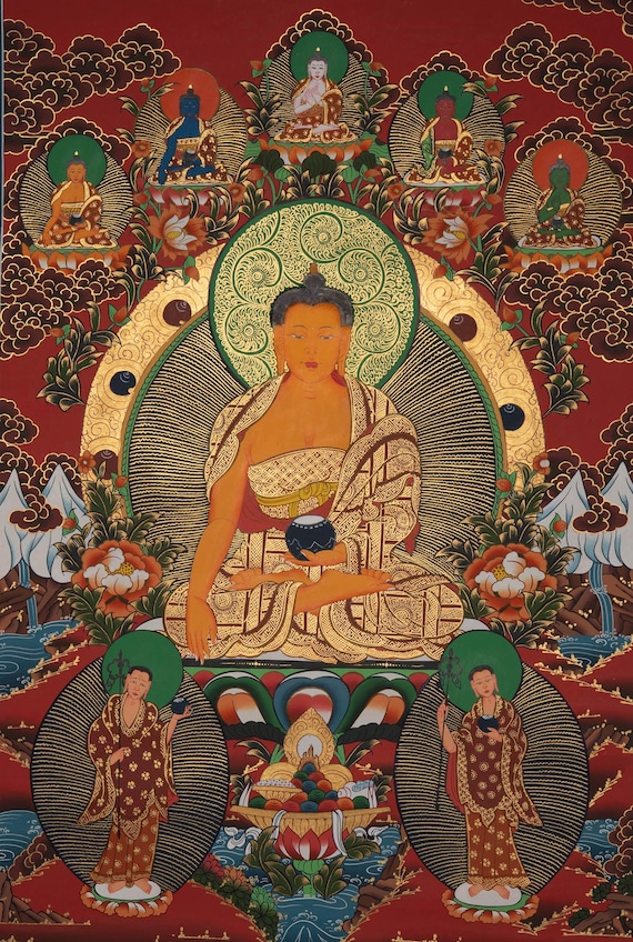 釈迦牟尼 千仏タンカ 手描き 仏画 釈迦牟尼仏と 5 体の