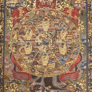 Samsara Mandala | Antikes Rad des Lebens Thangka | Handgemalte tibetische Kunst der Wiedergeburt und Karma | Vintage-Stil spirituelle Wanddekoration