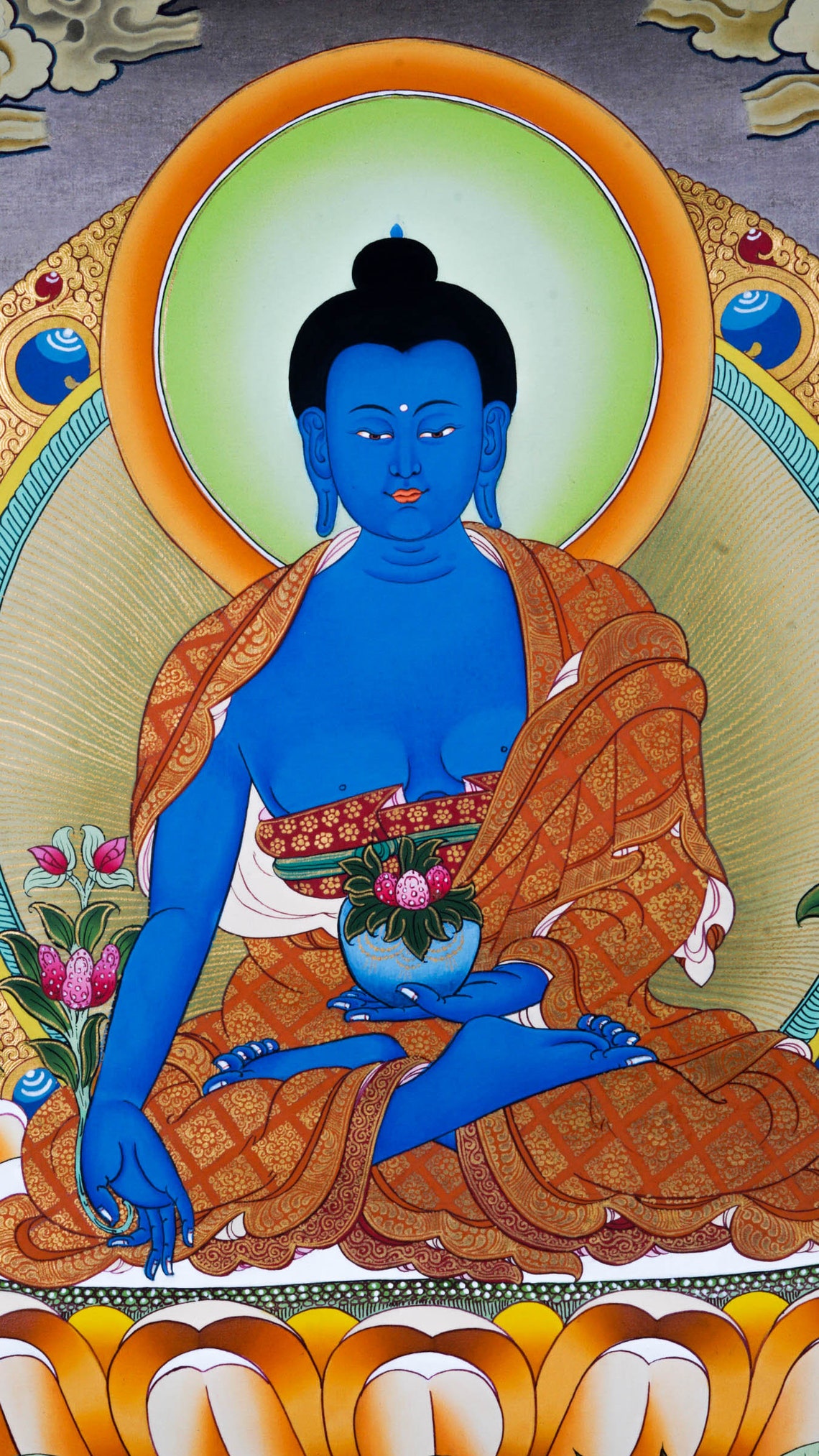 Medicine Buddha Thangka Painting Blue Healing Buddha Etsy