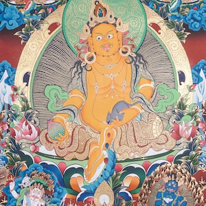 Pancha Zambala Thangka Painting | Sacred Five Zambala Deity Artwork for Wall Hanging Decor | Tibetan Art for Prosperity and Abundance