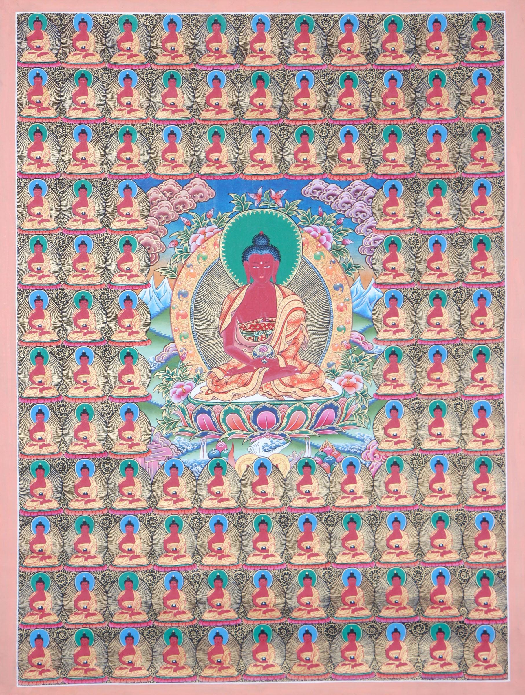 Tibetan Handpainted art of 108 Amitabha Buddha | Canvas Thangka Painting using Natural minerals | Wall Decor