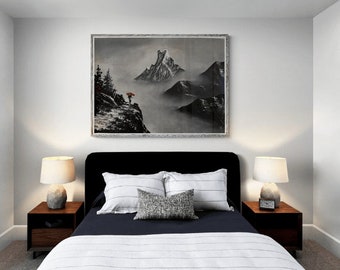 Beautiful scenario of Mount Fishtail- Hand painted on canvas with Black and white acrylic color - Wall hanging