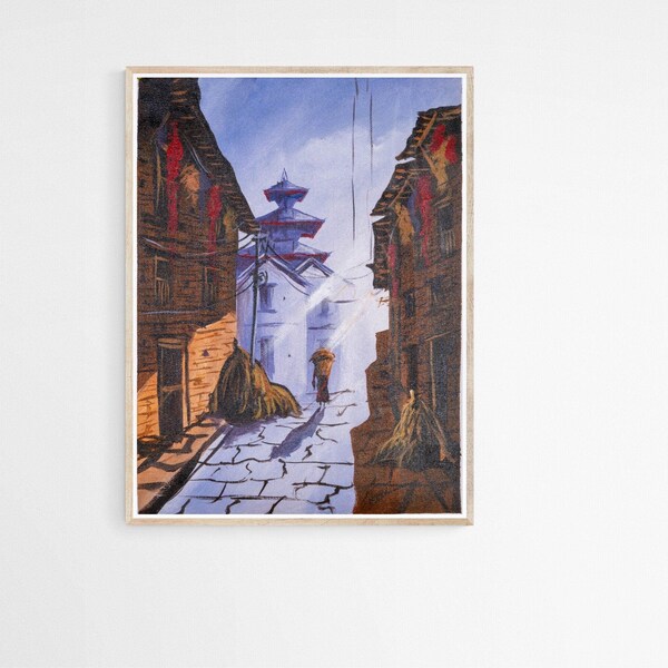 Beautiful Oil Painting of Street of Kathmandu Valley - Vintage Oil painting Original - Best for room decoration