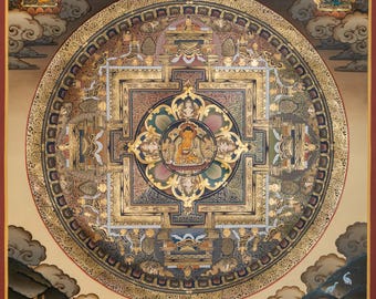 アンティーク仏陀曼荼羅タンカ絵画｜チベット仏教神聖幾何学アート