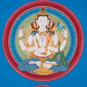 Tibetan Chenrezig Thangka Painting | Handpainted Buddhist Art | Compassionate Bodhisattva Wall Decor | Spiritual Meditation Artwork