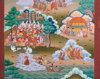 Tibetan Buddhist Buddha Life Thangka | From Birth to Enlightenment