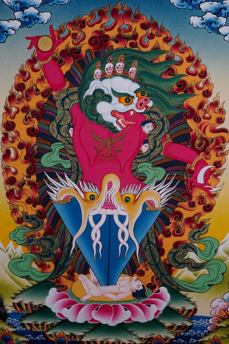 Singh Mukhi Thangka Painting Tibetan Thangka Art of Protector Deity Wrathful Mahakala on cotton canvas for spiritual practice image 2