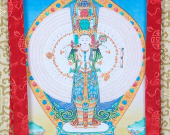 千手観音菩薩の額装タンカ絵画｜精神的覚醒のための瞑想ツール｜壁掛け