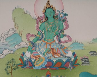 手描きのグリーンターラ ヴィンテージタンカ：美しくクラシックな