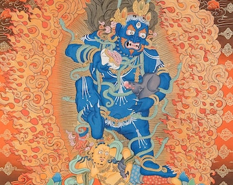 May include: A blue deity with multiple arms and eyes, holding a rat and a skull, stands on a lotus flower. The deity is surrounded by flames and clouds. The image is a traditional Tibetan Buddhist painting.