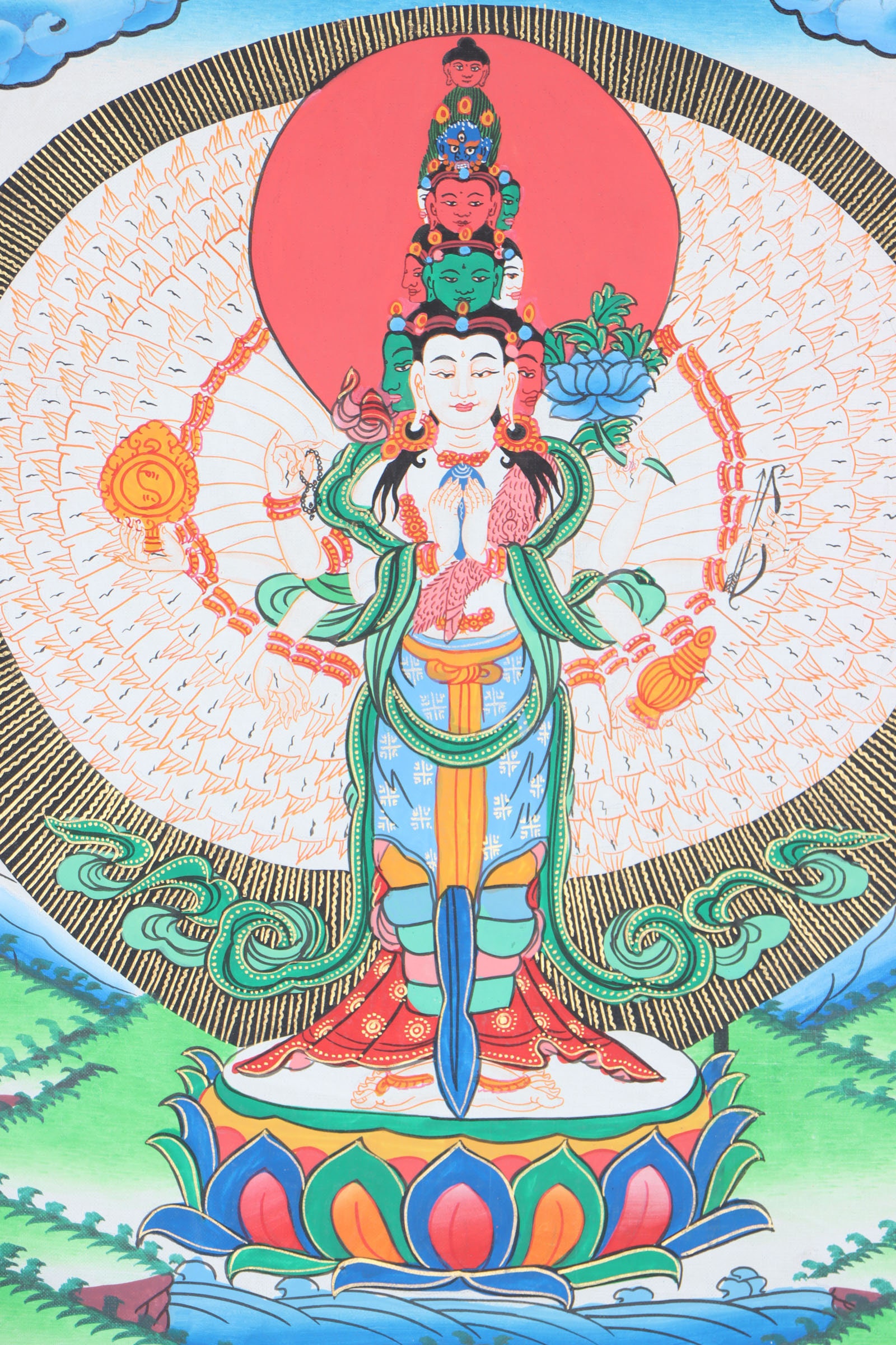 千手観音菩薩の額装タンカ絵画｜精神的覚醒のための瞑想ツール｜壁掛け 