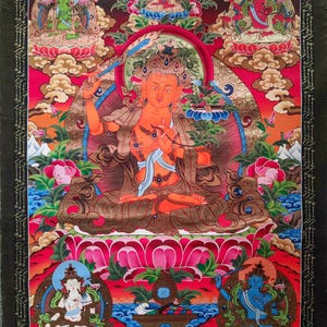 Authentic Manjushri Thangka Paintings - 5 Manjushri thangka with prajna and sword of wisdom