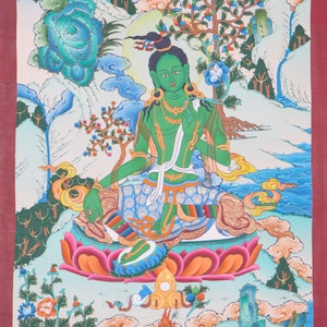 Groene Tara Thangka | Handschildering van vrouwelijke godheid | Wanddecoratie: