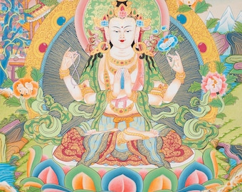 4本腕の観音菩薩 | 慈悲の神アート | チベット仏教タンカ | コットン
