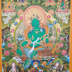 Groene Tara Thangka schildert Tibetaanse kunst op katoenen canvas | Grote handgeschilderde thangka voor meditatie en gebed boeddhisme