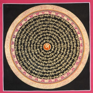 Tibetan Mantra mandala Thangka Painting | Spiritual Art for meditation and yoga practices | Wall hanging for Positive Energies