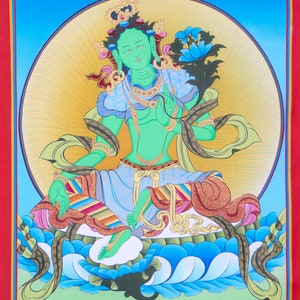 Authentieke handgeschilderde groene Tara Thangka | Tibetaanse kunst gemaakt op katoencanvas | Religieus en spiritueel