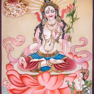 Newari White Tara Thangka Painting - Female Bodhisattva of compassionate activity - Meditation and Positive Vibration