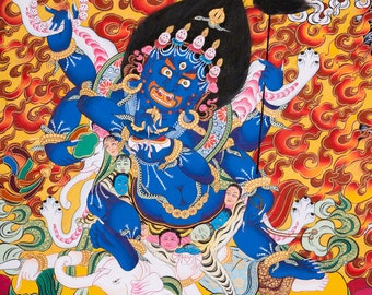6本の腕を持つマハーカーラ・タンカ画 | チベットの守護神タンカアート