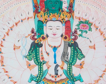千手観音菩薩の額装タンカ絵画｜精神的覚醒のための瞑想ツール｜壁掛け