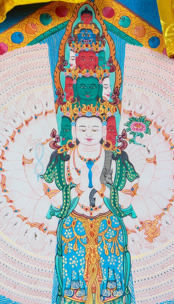 千手観音菩薩の額装タンカ絵画｜精神的覚醒のための瞑想ツール｜壁掛け 