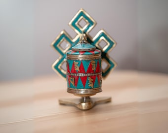 Tibetan Prayer Wheel with turquoise and Coral  | Mantra Wheel | Mini Handicrafts from Nepal | Room decor and spiritual practice- Gebetsmühle