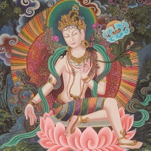 Chenrezig Newari Thangka Malerei | Handbemalte buddhistische Mitgefühls-Gottheit | Traditionelle Newar Paubha aus Nepal | Spirituelle Wandkunst