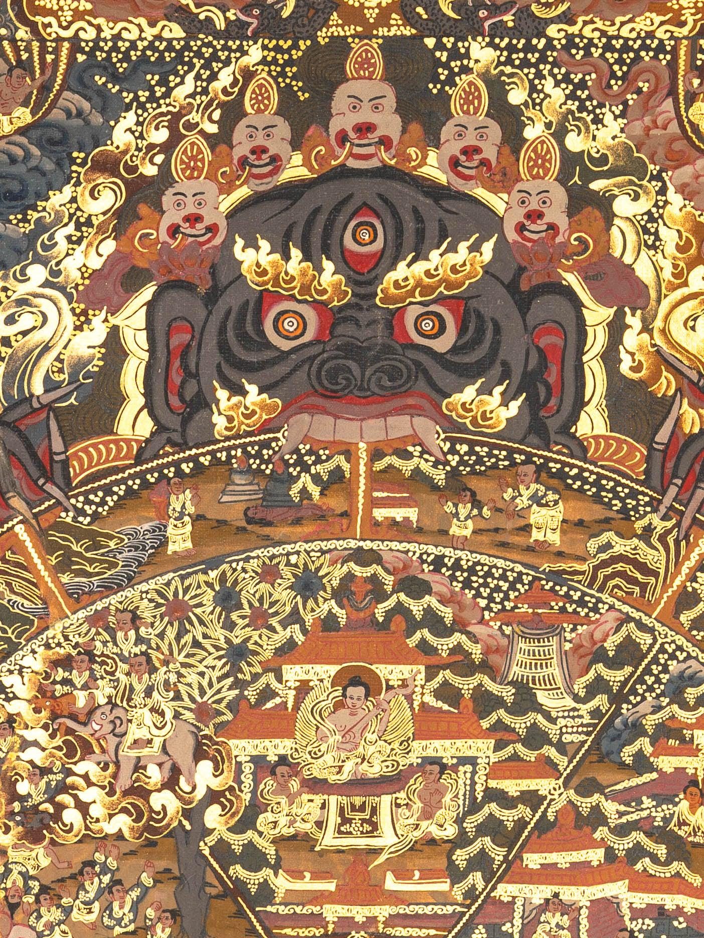 アンティークの輪廻タンカ | 手描きのチベット仏教美術 | 輪廻の
