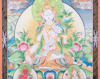 May include: A vibrant, detailed painting depicting a central figure in a meditative pose, surrounded by other figures and floral elements. The artwork features a rich color palette with gold, red, and blue hues, and is framed with an orange border.