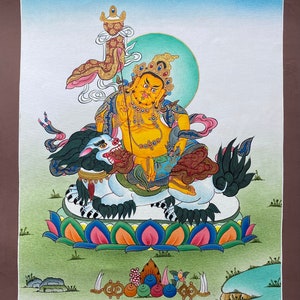 Zambala on Lion Thangka Painting | Tibetan Hand painted Namche Thangka | Sacred Art for Wealth and Blessings