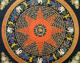Handpainted Tibetan Buddhist Mantra Mandala Thangka | Sacred Meditation Wall Art Decor