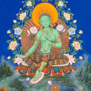 Grüne Tara Thangka Malerei | Newari Stil Kunst |  Handgemalte buddhistische Göttin Paubha | Traditionelle spirituelle Wanddekoration aus Nepal