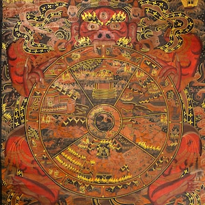 Wheel of Life Thangka | Antique Painting | Handpainted Tibetan Bhavachakra Art | Samsara & Rebirth Symbol | Vintage Buddhist Decor
