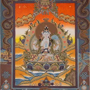 Sacred Chenrezig Thangka Painting | Handpainted Tibetan Buddhist Art | Compassion Bodhisattva Wall Decor | Spiritual Meditation Artwork