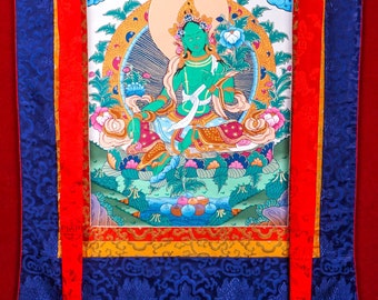 タンカ傑作：緑多羅菩薩、迅速な救世主と守護者、精神的な仏教芸術