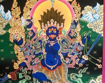 May include: A colorful Tibetan Buddhist painting depicting a deity with multiple arms and heads, surrounded by clouds and flames. The deity is blue with a fierce expression and holds various symbolic objects.